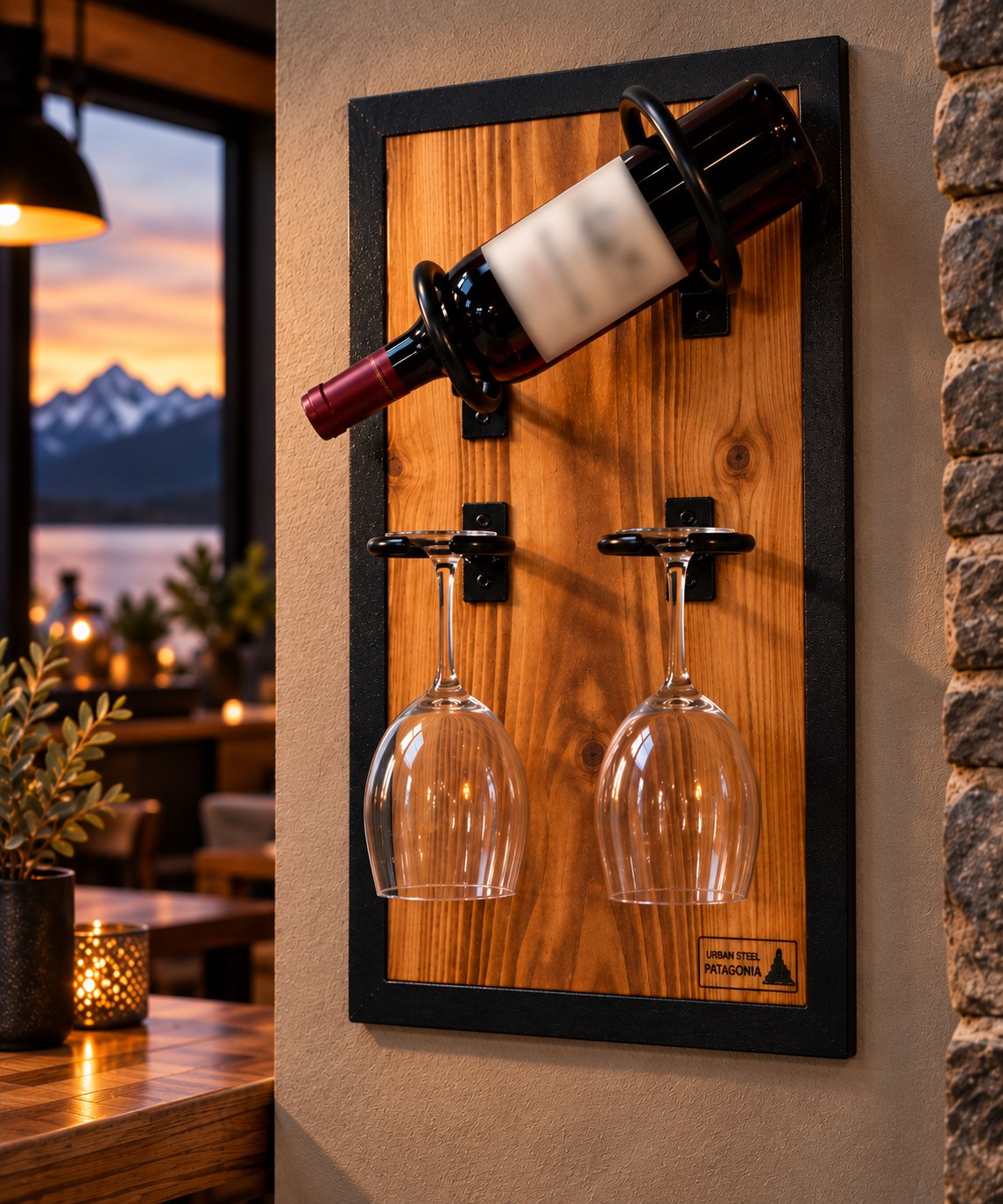 Representación ambientada de expositor de vino de pared con una botella de etiqueta desenfocada y dos copas