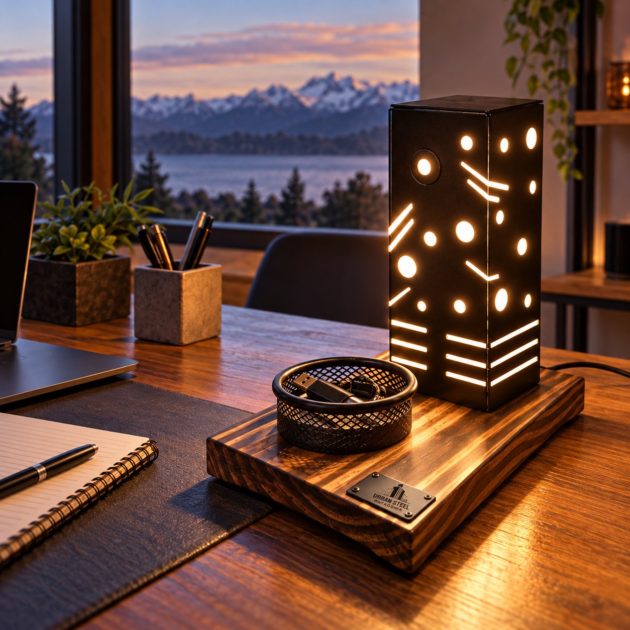 Representación ambientada de lámpara de escritorio encendida, con base de madera flameada y portaobjetos