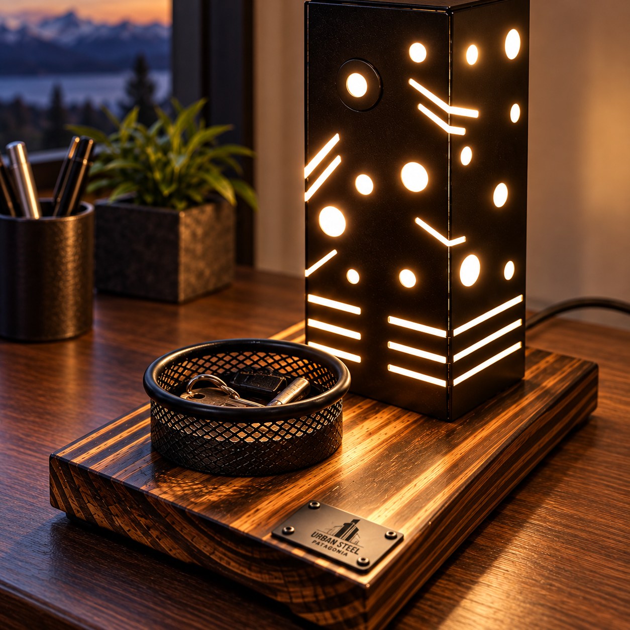 Imagen de detalle de las perforaciones iluminadas, la base de madera y el portaobjetos de la lámpara
